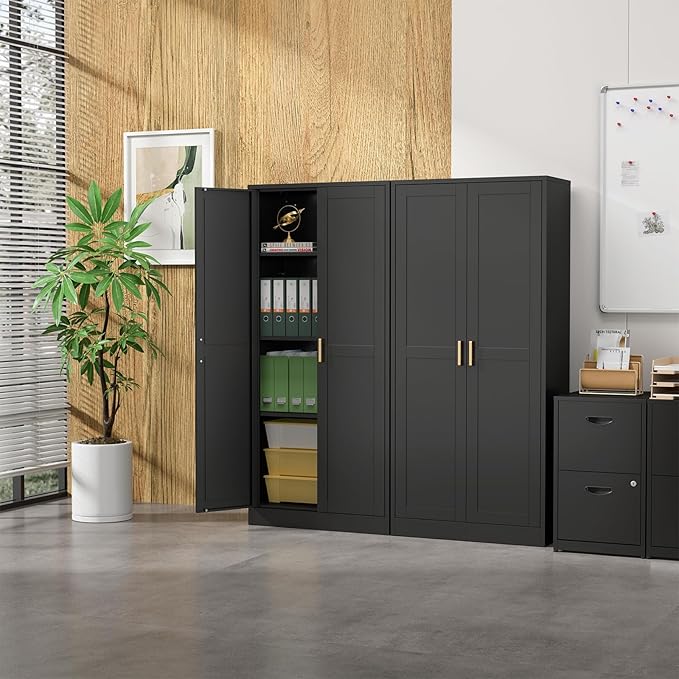 Kitchen Cabinet Storage,60”Metal Pantry Cabinet with Doors and 3 Adjustable Shelves,Food Pantry Cabinets with 2 Gold Handles,Black Tall Storage Cabinet for Livingroom,Pantry,Bathroom,Kitchen