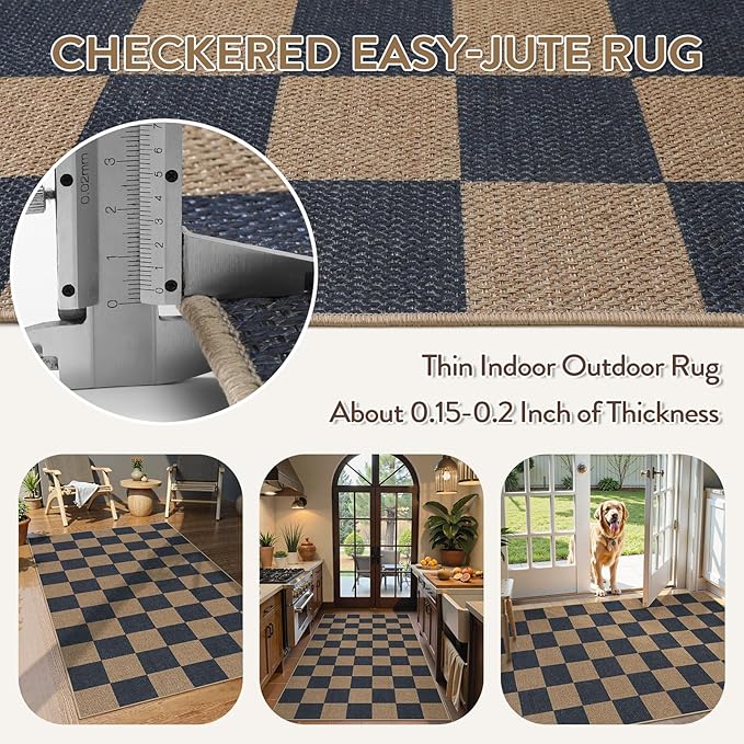 Lahome Checkered Easy Jute Indoor Outdoor Carpet, 3x5 Washable Rugs for Entryway Living Room Farmhouse Area Rug, Non Slip Blue Checkerboard Indoor Door Mat for Entry Patio Deck