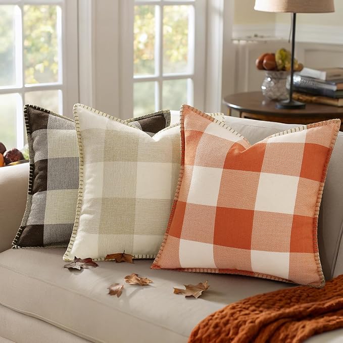 decorUhome Buffalo Plaid Check Fall Throw Pillow Covers 12x20 Set of 2, Outdoor Lumbar Decorative Farmhouse Pillow Covers with Stitched Edge for Bed Couch Sofa, Cream White and Beige