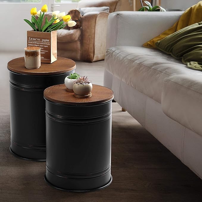 Rustic Storage Ottoman Seat Stool, Farmhouse Accent Side Table, Antique Galvanized Metal End Table Box Bin with Round Wooden Lid Set of 2 (Black)