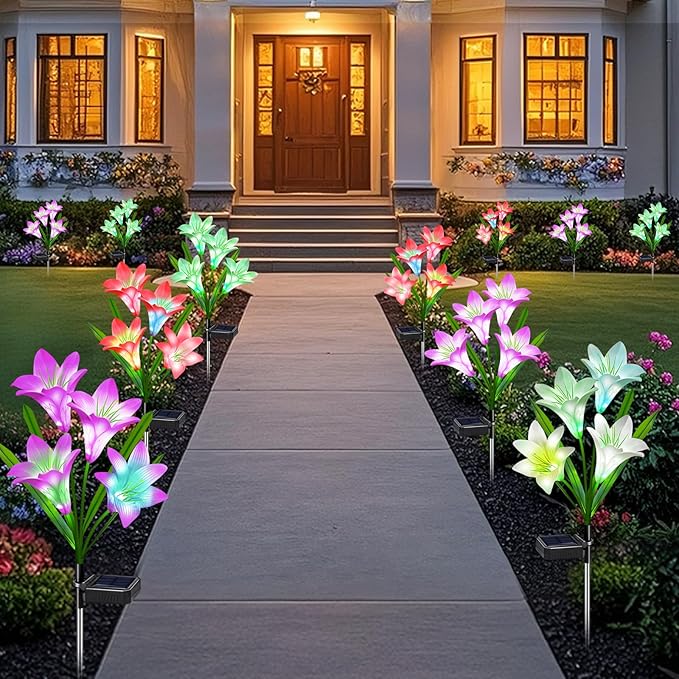 Solar Lights Outdoor Waterproof, 4 Pack Garden Decor Lights, 16 Multi-Color Changing Lily Solar Flowers for Yard Patio Pathway Decor, Gifts for Women Mom (4 Pack)