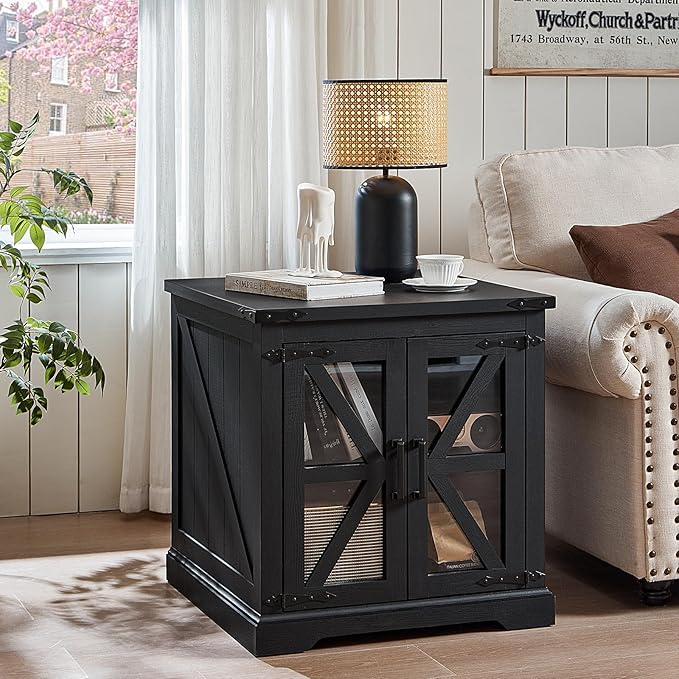 24" End Table with Charging Station, Farmhouse Night Stand with Glass Barn Door, Black Nightstands with Adjustable Storage Shelf, Large Wood Square Bed Side Table for Living Room,Bedroom
