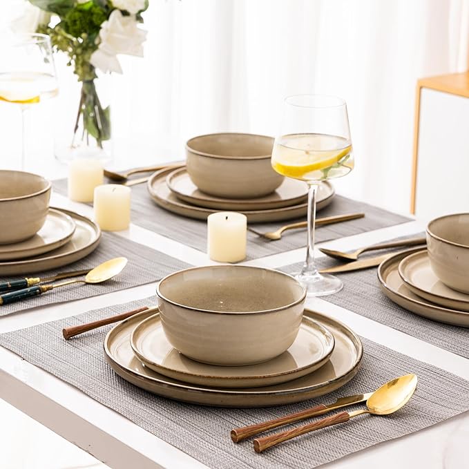 GBHOME Ceramic Dinnerware Sets for 8, 24 Pieces Stoneware Plates and Bowls Sets, Scratch Resistant Dishes, Dishwasher & Microwave Safe, Reactive Glaze-Cappuccino