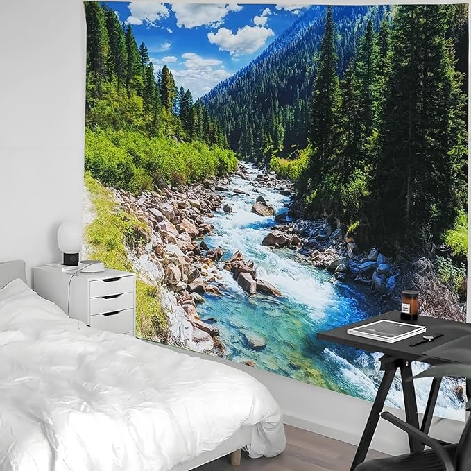 Nature Forest Mountain Tapestry Green Pine Tree Stream Tapestry White Clouds Flowing River Valley Landscape Scenery Tapestries Wall Hanging for Bedroom Dorm Living Room Office Classroom 47 x 35 Inch