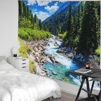 Nature Forest Mountain Tapestry Green Pine Tree Stream Tapestry White Clouds Flowing River Valley Landscape Scenery Tapestries Wall Hanging for Bedroom Dorm Living Room Office Classroom 47 x 35 Inch