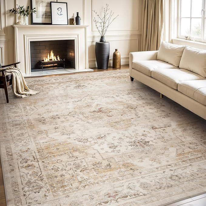 AMOAMI-Area Rug 5X7 Rugs for Living Room-Vintage Soft Beige Rugs for Bedroom-Non Slip Carpet-Machine Washable Rug for Dining Room Living Room Bedroom Office Under Table-Beige