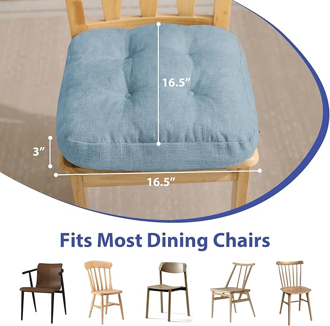 Chair Cushions for Dining Chairs, Dining Chair Cushions, Tufted Indoor Chair Pads with Ties & Non Slip Backing, Seat Cushions for Kitchen Chairs 16.5” x 16.5” x 3.5”, Set of 4, Light Blue