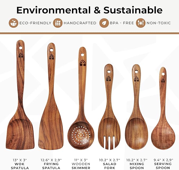 Wooden Spoons for Cooking – Wooden Kitchen Utensils Set, 6 Pcs Teak Wood Utensil Set – Comfortable Grip Non–Stick Wooden Cooking Utensils