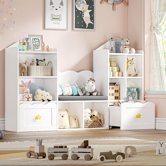 Kids Bookshelf with Reading Nook, Kids Bookcase with Soft Cushion Seat, 2 Wheels Drawers and 8 Storage Cubbies, Toy Storage Organizer for Kid's Room Playroom, Bedroom, School, White