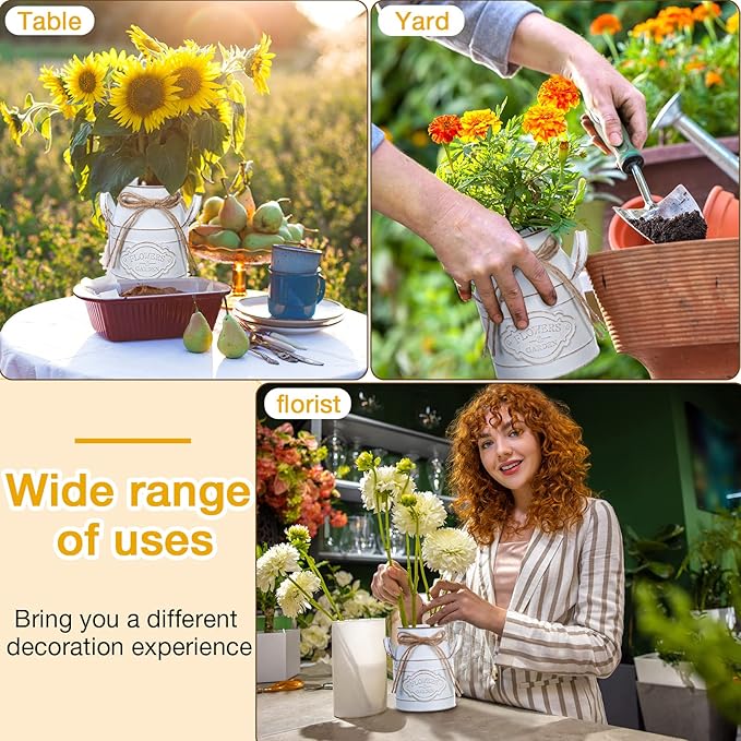 6 Inch Farmhouse Vase Decor Milk Can Vintage Flower Jug Galvanized Metal Vase with Handle Rustic Flower Buckets for Thanksgiving Christmas Table Centerpiece Weddings Gifts(Retro White,8 Pcs)