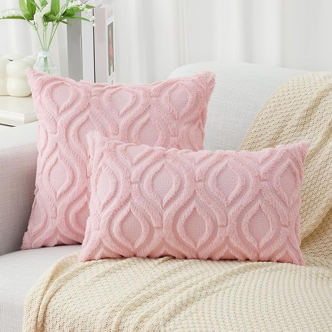decorUhome Throw Pillow Covers 12x20 Inch Set of 2, Soft Plush Decorative Faux Fur Light Pink Solid Couch Pillow Covers, Accent Farmhouse Neutral Lumbar Euro Pillow Cases for Sofa Bed Living Room