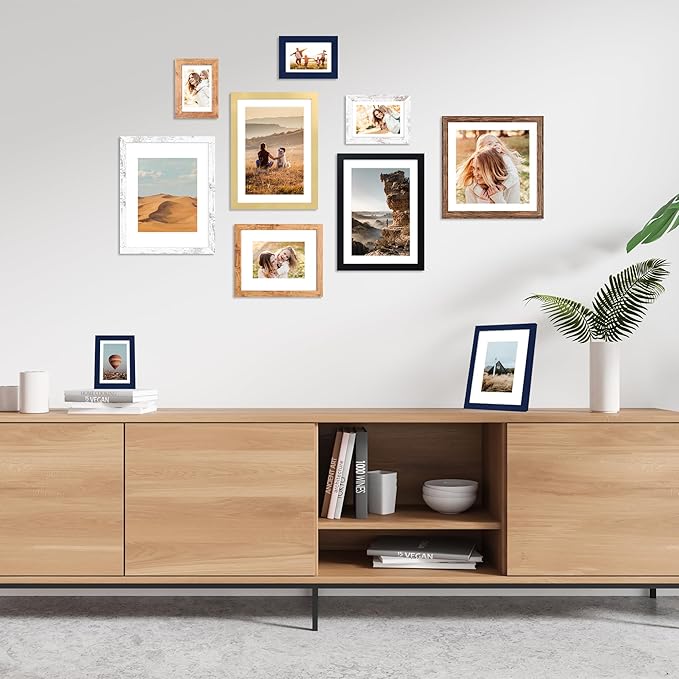 11x14 Picture Frame Set of 4, 11 x 14 Wood Photo Frames with Mat for 8x10, Rustic Natural Wooden Frame with Real Glass Cover for Wall and Tabletop Display,Distressed White