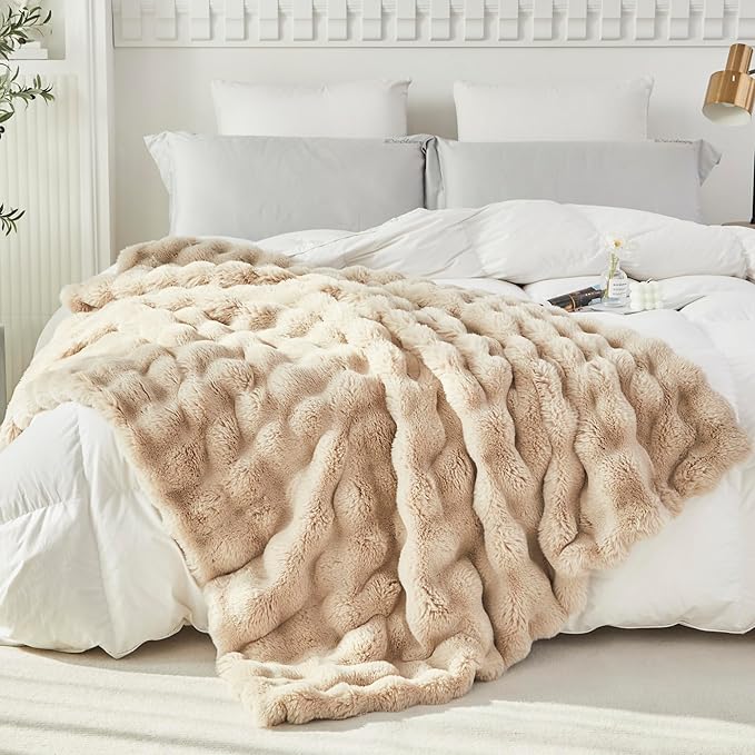 RYNGHIPY Faux Fur Blanket for Couch Fluffy Warm Throw Blanket for Sofa Bed Thick Furry Bubble Blanket (Camel, 51''x63'')