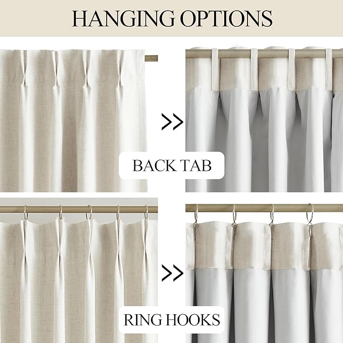 Vision Home Natural Pinch Pleated Full Blackout Curtains Linen Blended Room Darkening Window Curtains 112 inch for Living Room Bedroom Thermal Insulated Pinch Pleat Drapes with Hooks 60" Wx112 Lx1