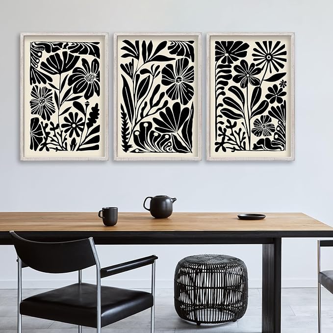 Abstract Floral Botanical Wall Art 16x11 Inch 3 Piece Black Vintage Boho Plant Flower Minimalist Wood Frame Sign Home Living Room Family Office Mid Century Print Wall Hanging Decor (White)