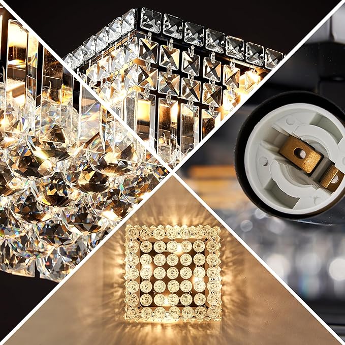 4-Light Black Crystal Chandeliers Flush Mount Chandelier Light Fixture with K9 Crystals Modern Ceiling Lights Elegant Square Lamp for Bedroom,Hallway,Bar,Living Room,Dining Room,H5.9 xW13.7