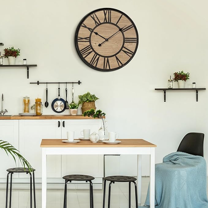 Large Wall Clock for Living Room Decor, Non Ticking Silent, Battery Operated Modern Vintage Wood Wall Clock Oversized Decorative Wall Clock for Bedroom Kitchen Farmhouse Office Decor