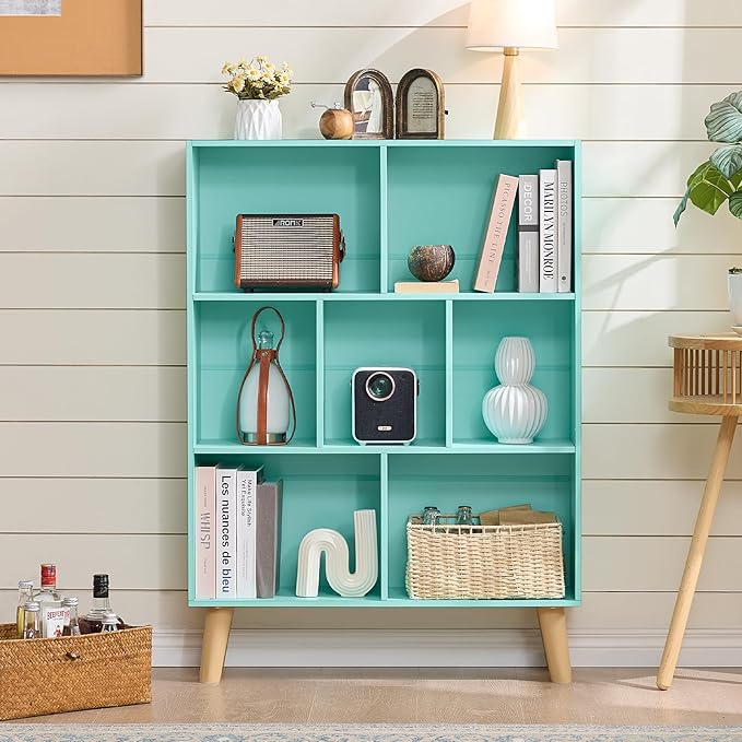 LEYAOYAO 7 Cube Bookshelf 3-Tier Bookcase with Legs, Mint-Green Kids Book Shelf Cute Storage Organizer, Toy Shelves Bookshelves,Wood Display Bookcases