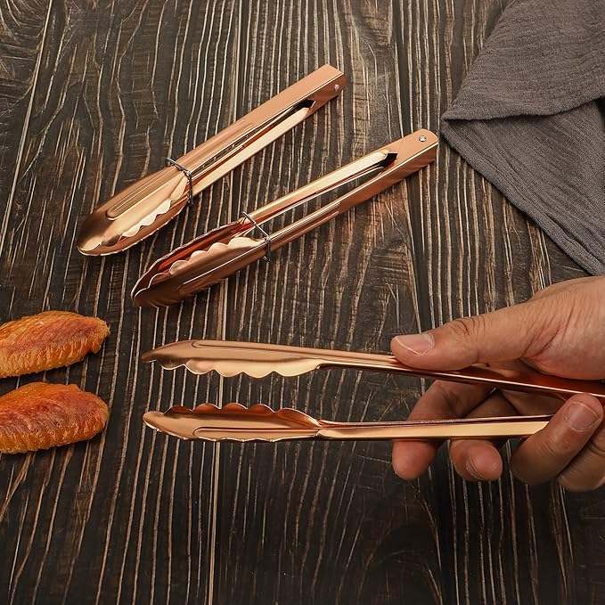 MSY BIGSUNNY 9 Inch Kitchen Food Tongs for Cooking and Serving Tongs- Aluminum - Set of 3 (pink gold)