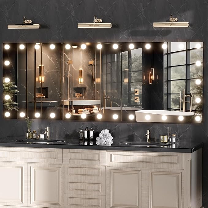 Hasipu LED Bathroom Mirror with Lights, 84" x 31" Hollywood Wall-Mounted Bathroom Mirror with 32 Dimmable Bulbs, 3 Colors Modes, Touch Control, Anti-Fog, Memory Function, Shatter-Proof, ETL Listed