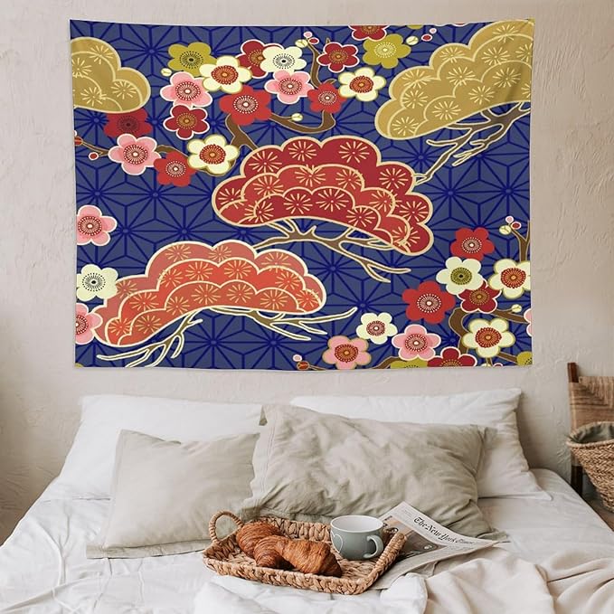 HZOHNAGO Japanese Tapestry Art Abstract Colorful Cherry Blossom Blue Background Pattern Printed Wall Tapestry Painting Wall Hanging for Bedroom Living Room Dorm 80" W x 60" H