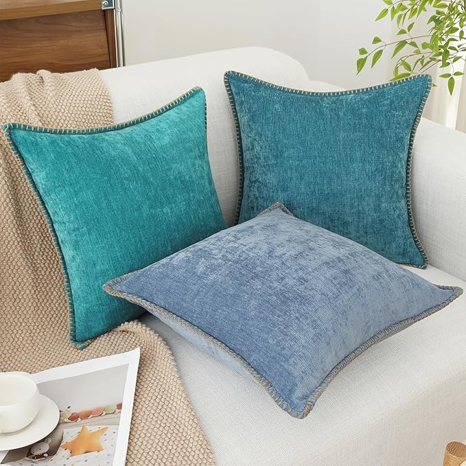 decorUhome Chenille Soft Throw Pillow Covers 18x18 Set of 2, Farmhouse Velvet Neutral Decorative Euro Pillow Covers with Stitched Edge for Couch Sofa Bed Home Decor, Blue