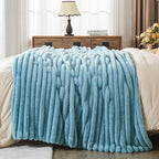 NEWCOSPLAY Faux Fur Throw Blanket Blue 3D Ribbed Plush Thick Warm Blanket for Couch Sofa Bed 850GSM (Blue Ribbed, Throw(50"x60"))