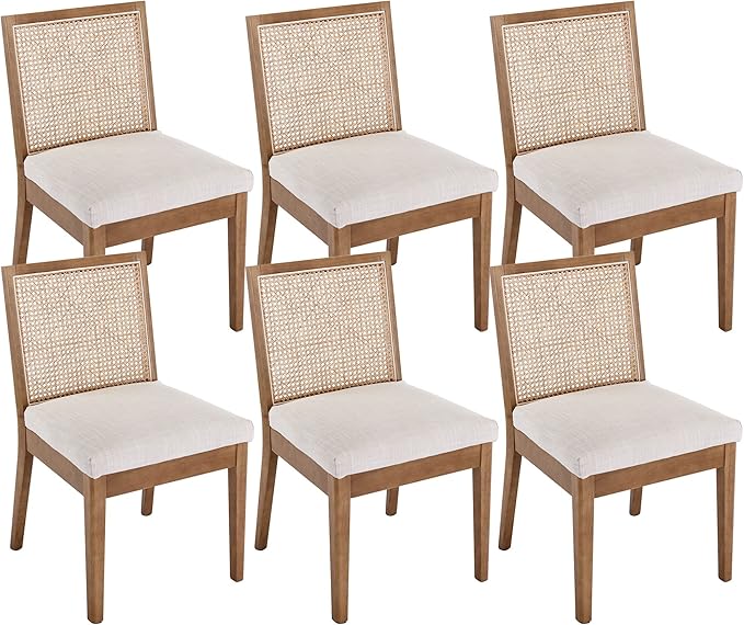 VESCASA Upholstered Dining Chairs with Square Rattan Back, Armless Padded Linen Cushion Dining Chairs with Wood Legs for Dining Room, Kitchen, Set of 6, Natural Frame