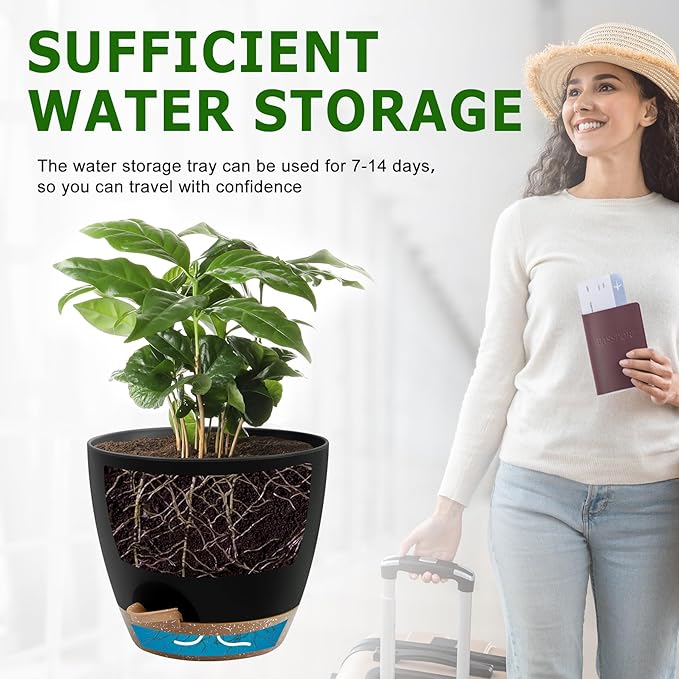 Plant Pots 12/10/9 Inch Self Watering Pots, Set of 3 Plastic Planters with Drainage Holes and Saucers,Plastic Flower Pots,Nursery Planting Pot for Indoor Out Door Plants(Black)