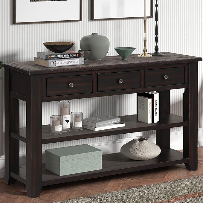 Farmhouse Wood Entryway Console Table 48-Inch Modern Sofa Entry Table with Drawers and Storage Shelves for Entrance Living Room (Black)