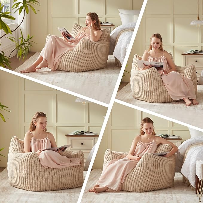Giant Bean Bag Chairs for Adults Teens, Large Bean Bag Sofa Chairs with Filling Comfy Fuzzy BeanBag Chair with Armrests for Bedroom Living Room Reading