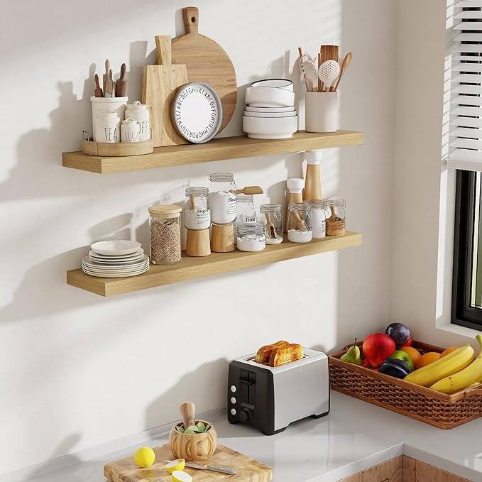 40 Inch Floating Shelves, 8 Inch Deep Floating Shelves for Wall, Hanging Shelf with Invisible Brackets, Deep Shelves for Bathroom, Bedroom, Living Room, Oak, Set of 2
