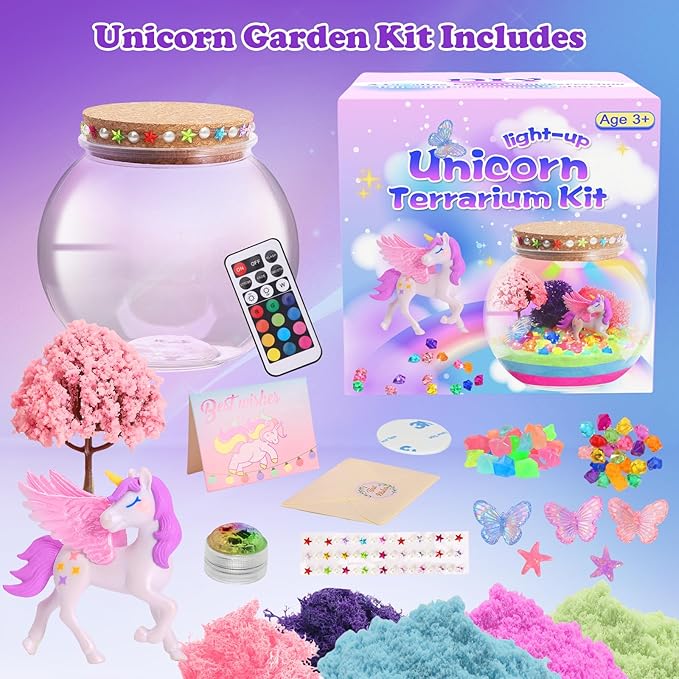 Unicorn Light-Up Terrarium Kit for Kids - Multicolor LED Night Light Birthday Gifts - Unicorn Toys for Girls Ages 4-6 7 8 9 10 Year Old - Kids Arts and Crafts Kit