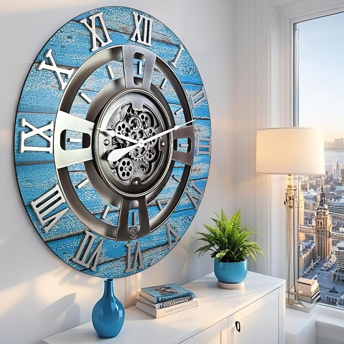 The Gears Clock Real Moving Gear Wall Clock England Line (Ocean Blue, 36 inches (90 cm))