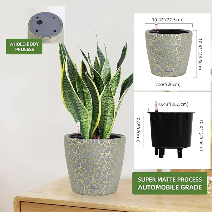 Dexceder 11x10 Inches Self Watering Planter Indoor Outdoor, Inner Pot Design, Thickened Table Flower Plant Pot with Water Level Indicator (Grey Gold Crackle)