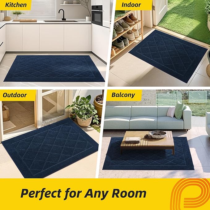 JSEI Dirt Trapper Door Mat 24"x36", Non-Slip Washable Entryway Mats, Dog Door Mat, Stain Resistant and Absorbent Floor Mats, Low Profile Welcome Mat for Front Back Door, Navy Blue