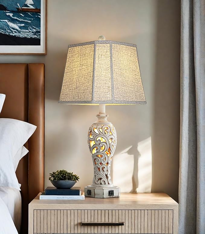 Set of 2 Rustic Table Lamps for Living Room Bedroom, Farmhouse Vintage Nightstand Lamp with 2 USB Ports, Hollow Out Resin Lamp for End Table with Nightlight, Bulbs Included (Wash White)