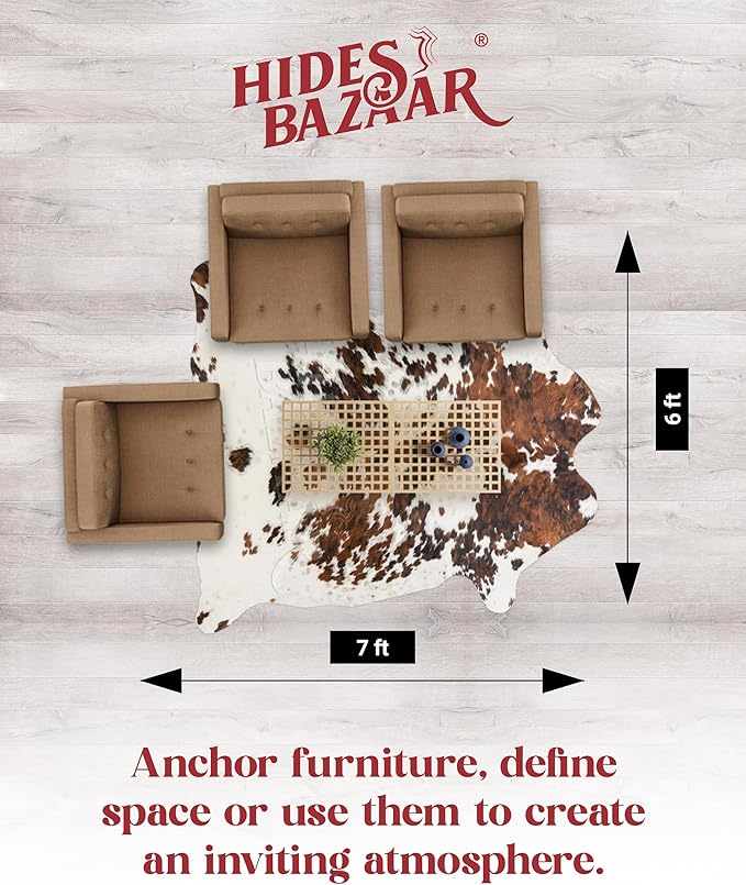 Light Tricolor Cowhide Rug Premium Cowhides Leather with Mixed White, Brown & Black Color Pattern - Natural Cowhide Rug for Office & Home Decor - Cow Hide Rugs 6x6-7 ft