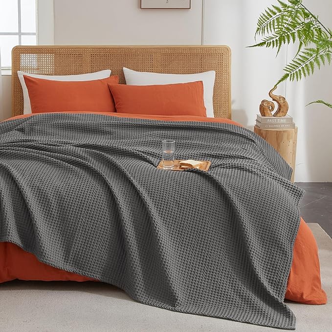 PHF Ultra Soft Waffle Weave Blanket Queen Size 90"x 90"- Washed Lightweight Breathable Cozy Woven Blanket for Bed - Aesthetic Decor for Couch Bedding Sofa Home Car - Grey