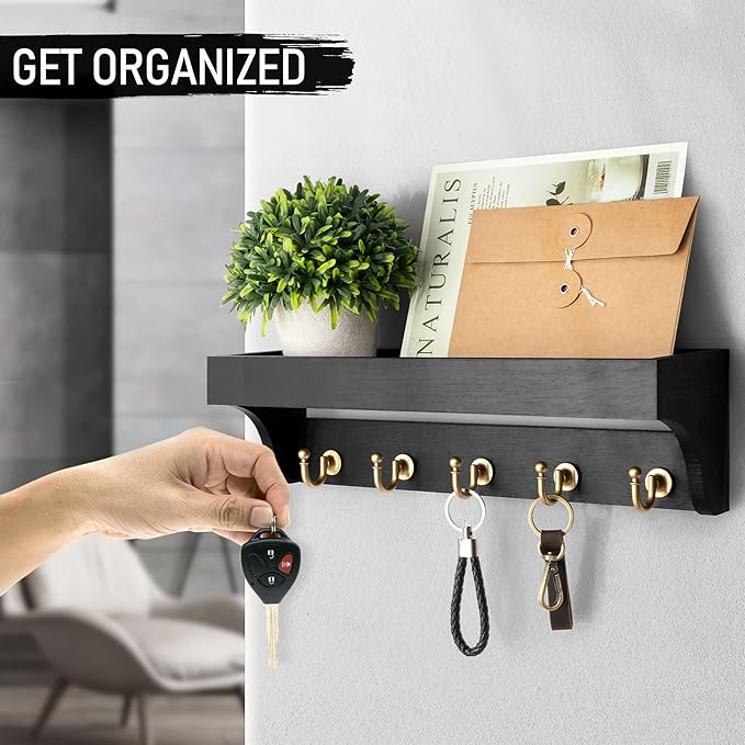 Rebee Vision Key Holder for Wall with Shelf : Decorative Key Organizer with 5 Rustic Keys Hooks and Primitive Wood Mail Organizer Wall Mount - Entryway Décor (Black)