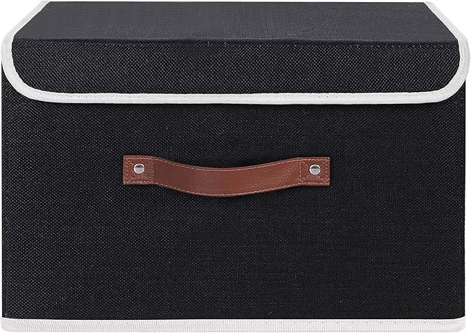 ANMINY Storage Bin with Lid Storage Boxes with PU Leather Handles PP Plastic Board Decorative Foldable Lidded Cotton Linen Fabric Home Cubes Baskets Closet Organizer Container - Black, Large Size