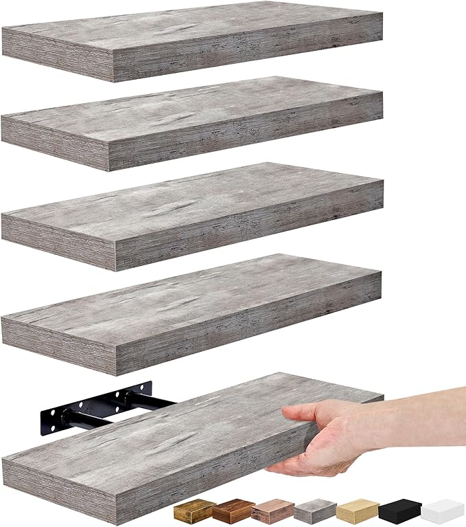 Sorbus Floating Shelves for Wall, Bathroom Shelves Wall Mounted for Kitchen, Bedroom, Living Room, Bathroom Storage, Over Toilet, Hanging Book Shelf for Ｗall Home Decor (Gray, 5 Pack)