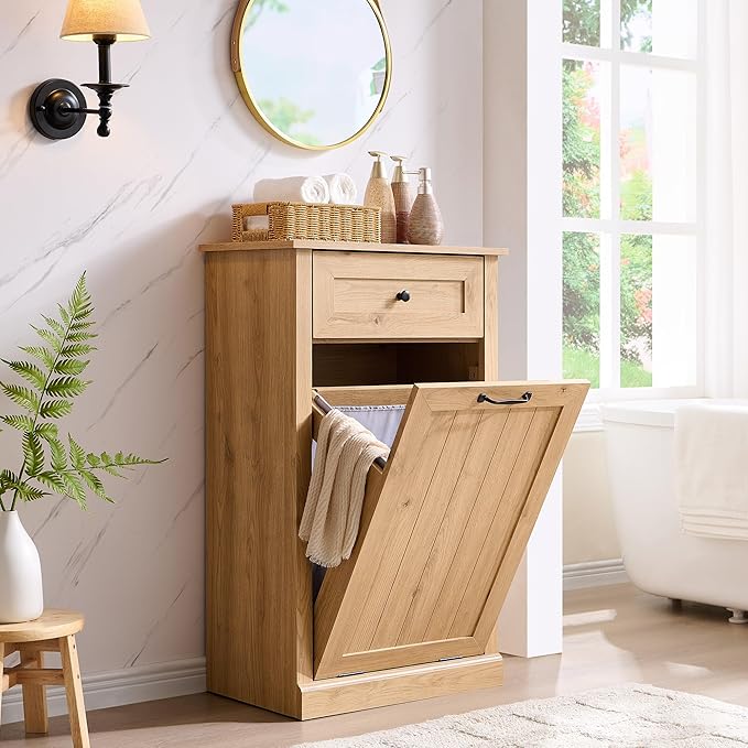 Tilt Out Laundry Hamper Cabinet, 10 Gallon Farmhouse Trash Can Cabinet with Drawer, Hidden Wood Garbage Can Bin Cabinets with Laundry Storage Basket for Bathroom, Kitchen, Natural