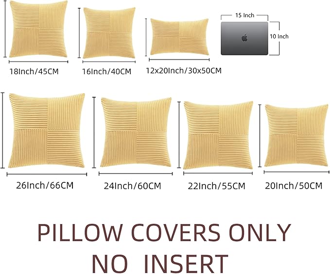 Fancy Homi 2 Packs Yellow Decorative Throw Pillow Covers 22x22 Inch for Living Room Couch Bed Sofa, Rustic Farmhouse Boho Home Decor, Soft Corss Corduroy Patchwork Accent Square Cushion Case 55x55 cm