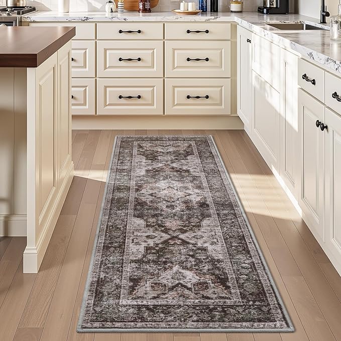 AMOAMI-2X6 Runner Rug-Washable Runners for Hallways-Soft Non Slip Bedside Rugs for Bedroom-Vintage Long Rug for Hallways Entryway Laundry Room Stair Kitchen Bathroom Brick/Brown