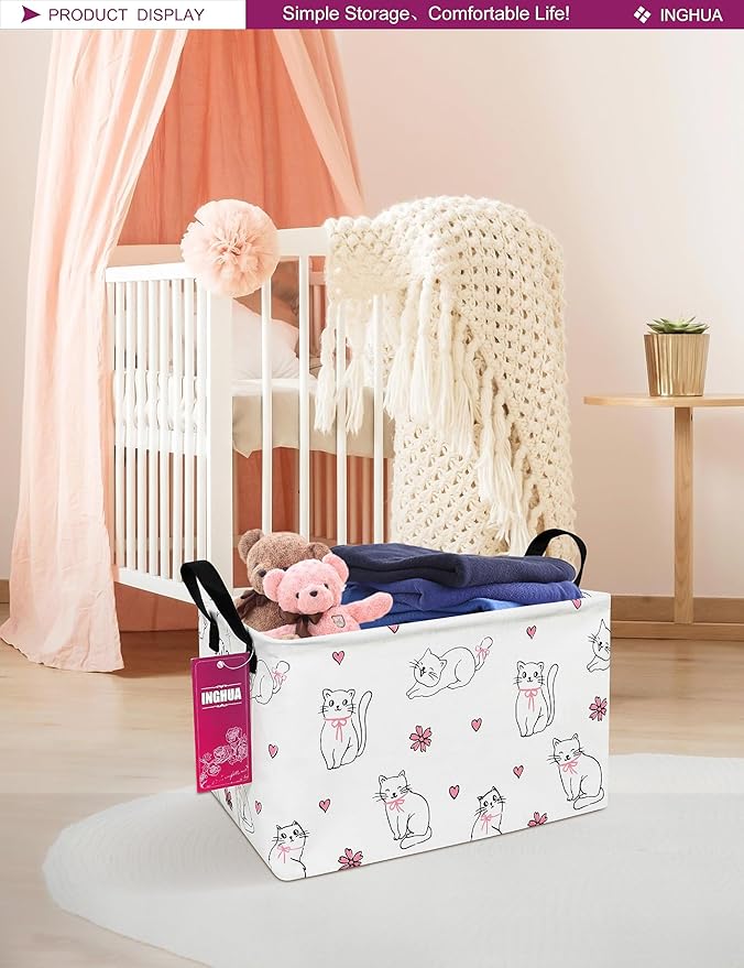 Rectangular Storage Basket Fabric Organizer Bin for Toys,Books,Clothes,Gifts,Pets-Perfect for Home,Office,Nursery,Dorm,Shelf(Rec-Love cat )