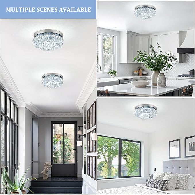 12 Inch Crystal Chandelier LED Ceiling Light 2 Tier Flush Mount Ceiling Light Fixtures Modern Chandelier Lighting for Hallway Bedroom Dining Room Kitchen (Cool White)