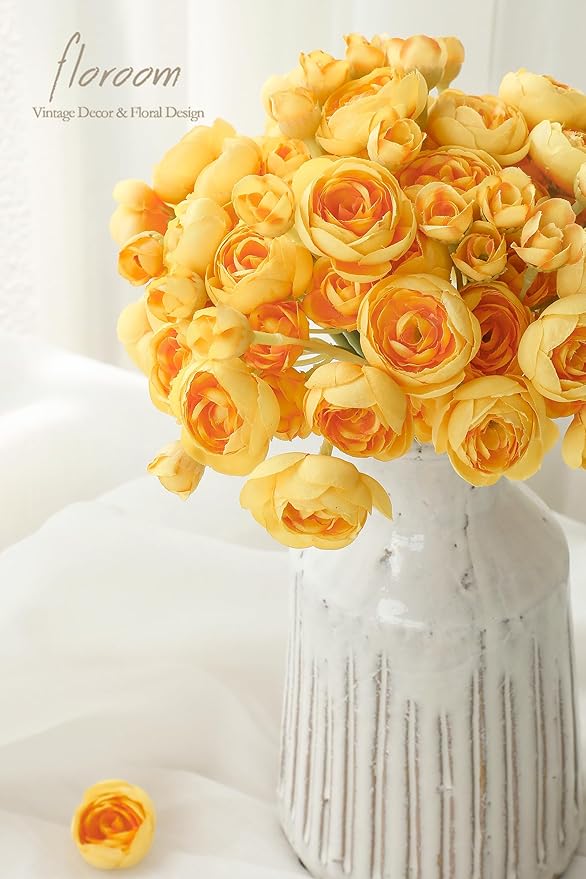 Floroom Ranunculus Artificial Flowers 18 Pcs Golden Yellow Faux Silk Mini Ranunculus Bulk Fake Wedding Filler Flowers for DIY Bouquets, Centerpieces, Bridal Shower Decorations & Arrangements