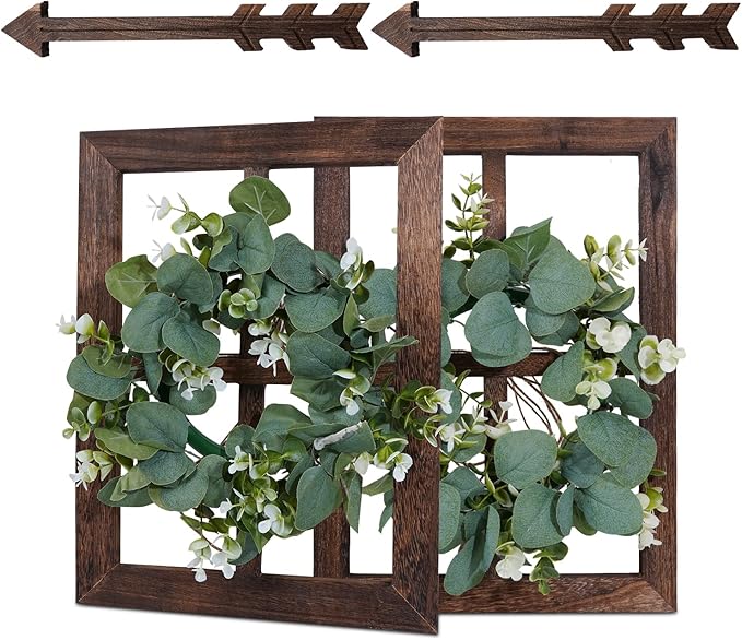 Rustic Wood Window Frame with Green Wreath and Arrows Wall Decor，Farmhouse Window Frame Hanging Decor,Wooden Fake Decoration,Window Pane Wall Decor,Set of 2 (Brown)