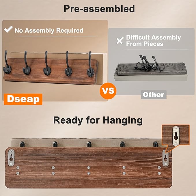 Dseap Coat Rack Wall: Patented, Heavy-Duty, 5-Double-Hooks Wooden Wall Mounted Coat Rack Coat Hanger Hook Rail for Winter Coats Hat Jacket Clothing, Weathered Green, Pack of 2